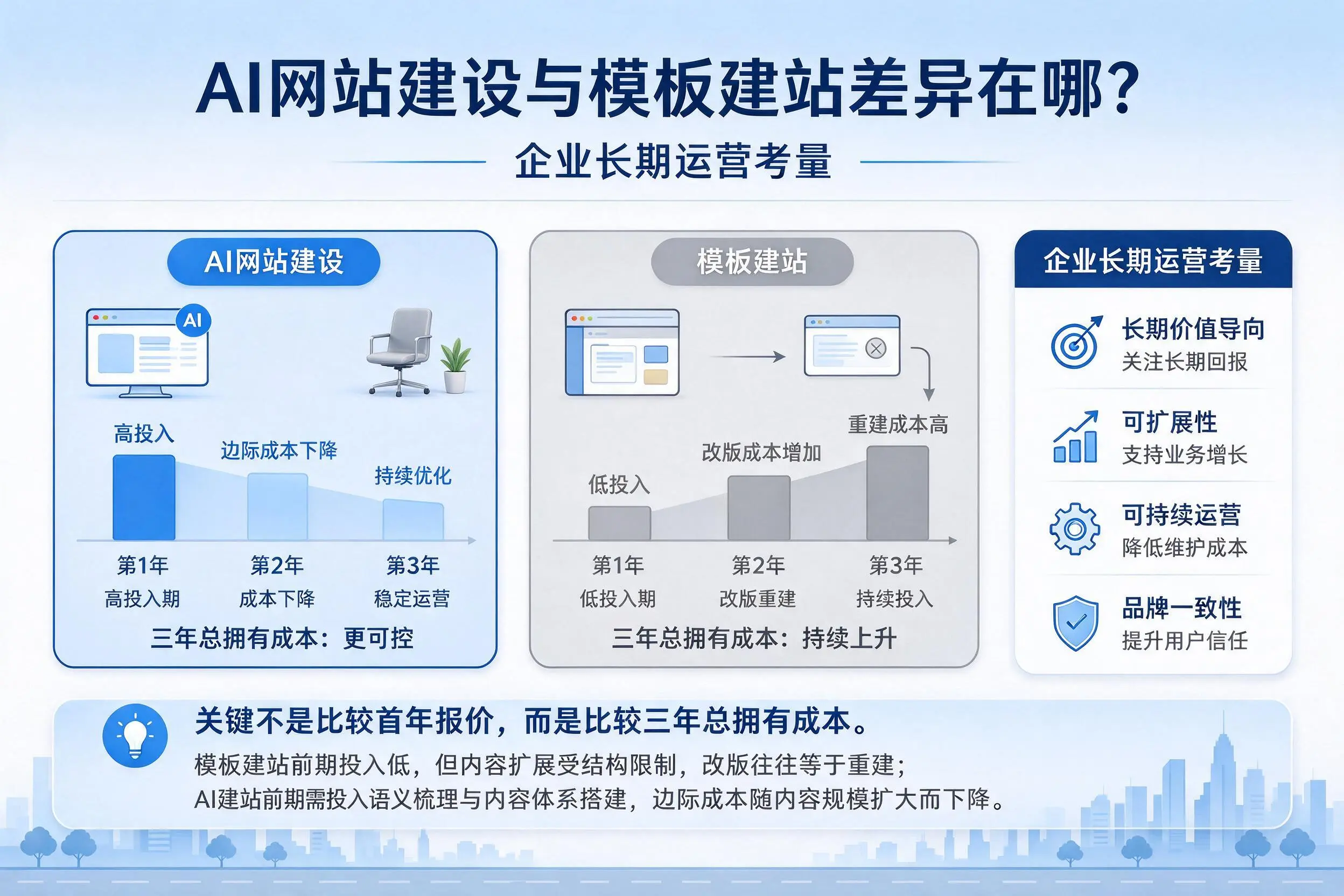 AI网站建设与模板建站差异在哪?衡水企业长期运营考量