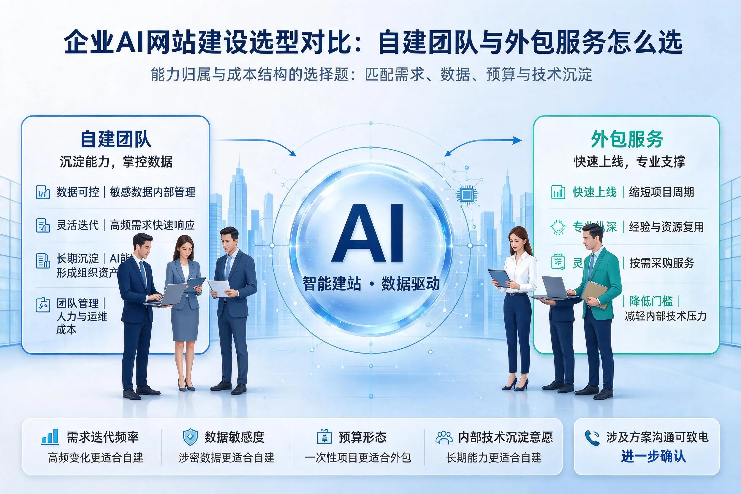 衡水企业AI网站建设选型对比：自建团队与外包服务怎么选